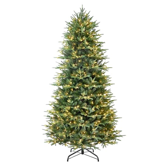 Puleo International 7.5ft. Pre-Lit Fraser Fir Slim Artificial Christmas Tree with Scent Dispenser, Warm White & Multicolor LED Lights